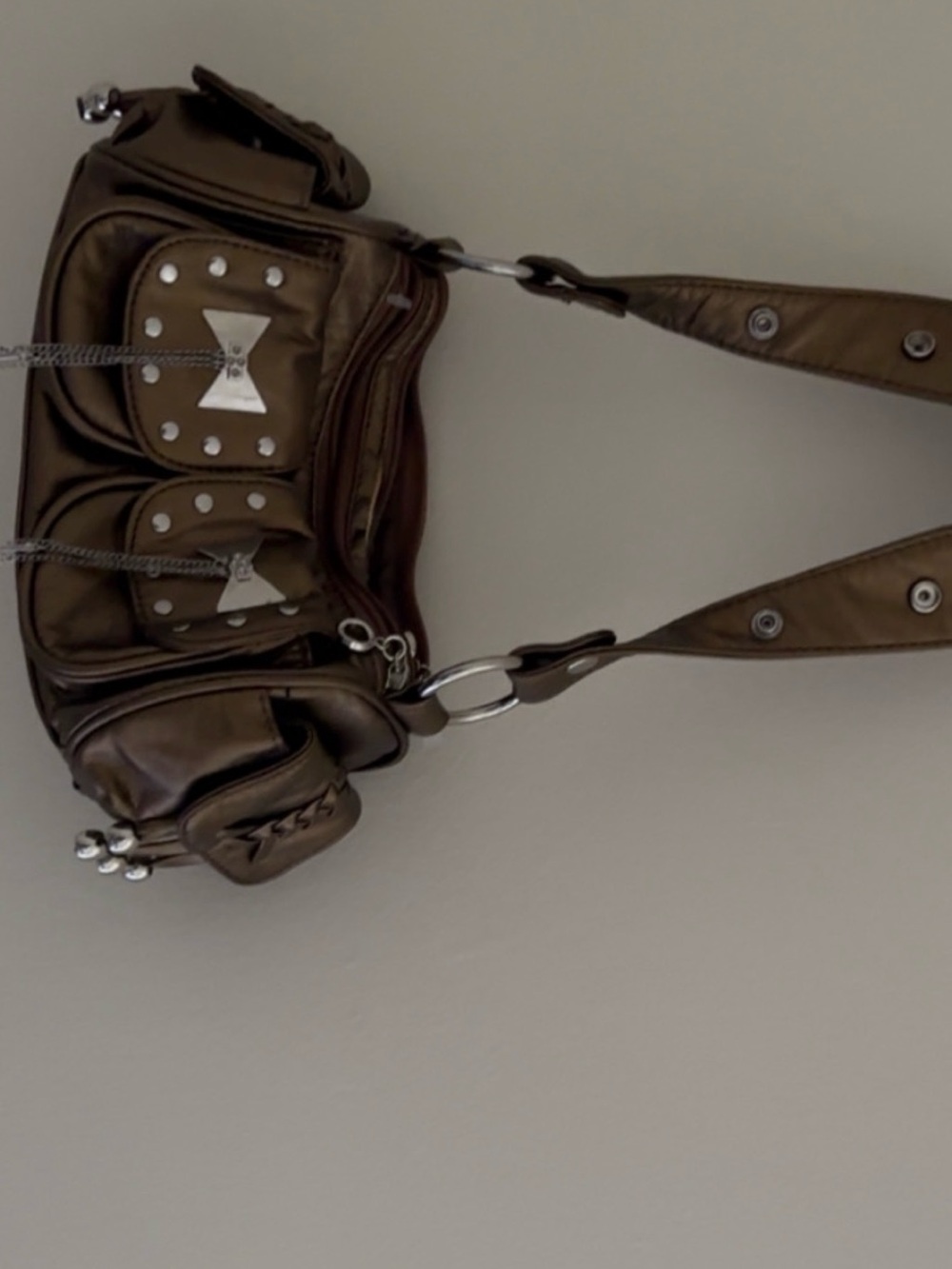 Brown Metallic Shoulder Bag with Stud Accents